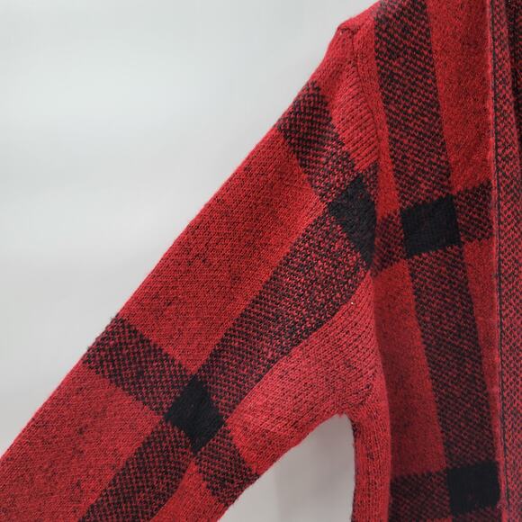 Adrienne Vittadini Womens Sweater Medium Red Plaid Cardigan Fringe Open Front - Picture 11 of 12